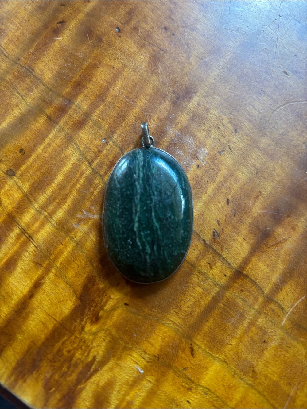 Dark Green Nephrite Jade Oval Pendant | Silver Bezel Setting
